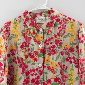 Field Manor Floral Linen Blend Beaded Tunic‎ Shirt Red Yellow Large Travel Artsy